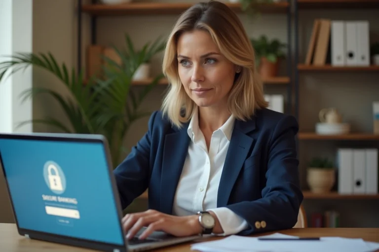 Femme utilisant son ordinateur portable pour accéder à son compte BNP en ligne en toute sécurité depuis son bureau à domicile