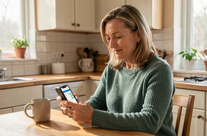 Femme à domicile accédant à son planning salarié via l'extranet sur smartphone dans une cuisine