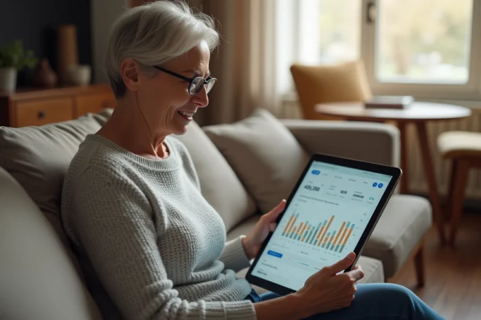 Femme senior accédant à son compte BNP Paribas en ligne sur tablette dans son salon de façon sécurisée