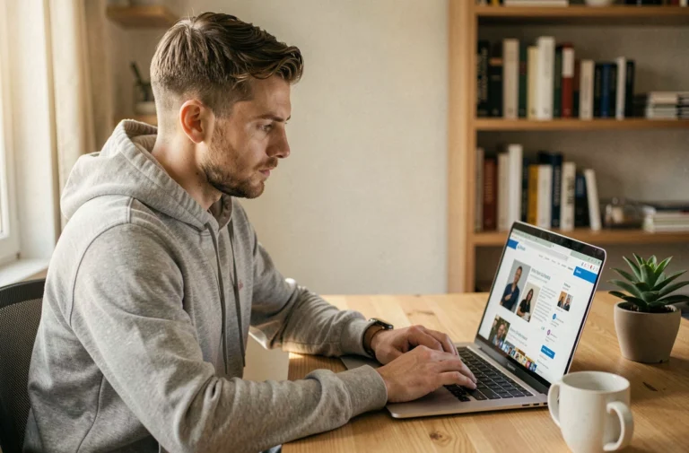Homme utilisant un VPN sur son ordinateur portable pour accéder à un site bloqué depuis son bureau à domicile