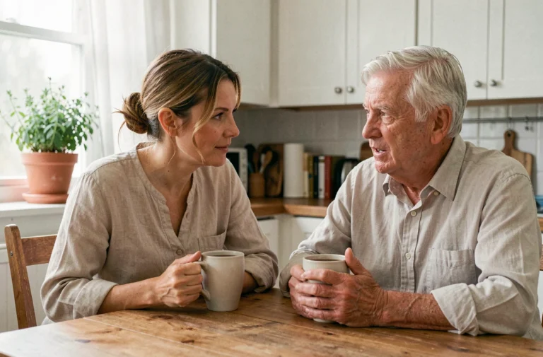 Femme bienveillante accompagnant un parent âgé autour d'une tasse de thé dans une cuisine familiale chaleureuse