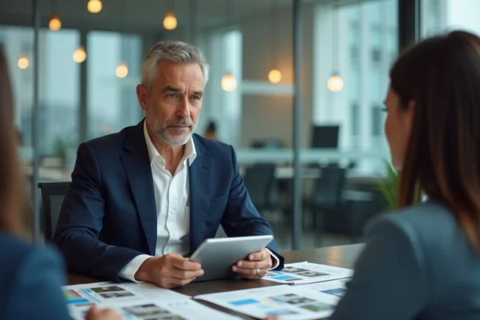 Agent immobilier présentant des annonces sur un portail immobilier à des clients en agence