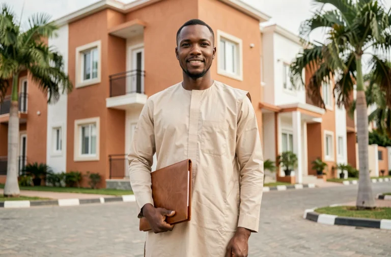 Agent immobilier sénégalais en boubou beige tenant un portfolio devant un immeuble résidentiel moderne à Dakar