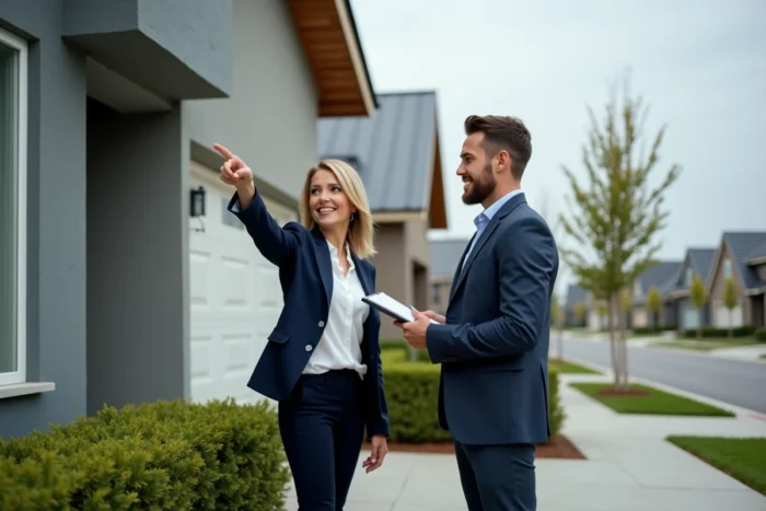 Agent immobilier présentant une maison neuve à un acheteur potentiel dans un quartier résidentiel