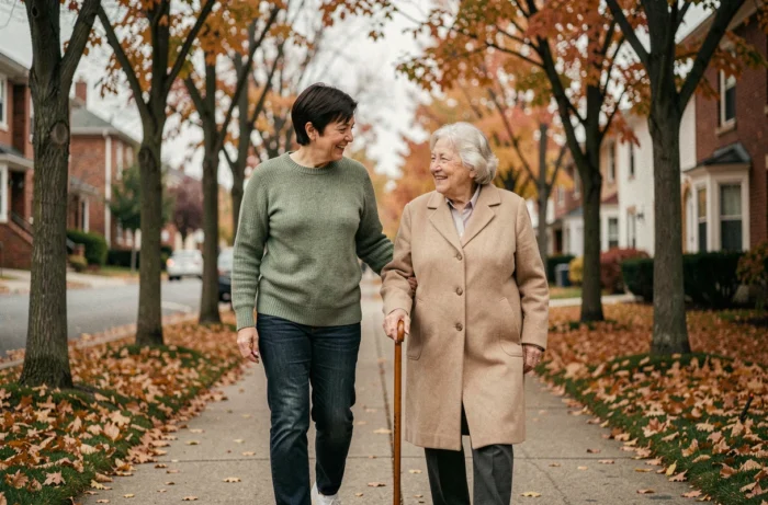 Femme aidant sa mère âgée à marcher en extérieur lors d'une promenade bienveillante en automne