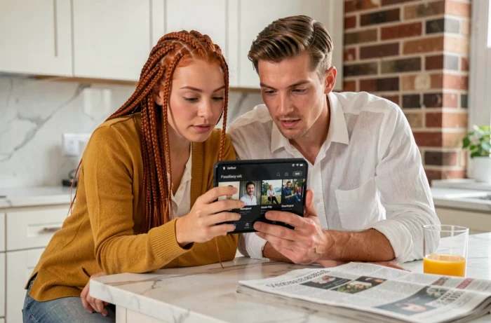 Deux amis parcourant ensemble la sélection de films du jour sur un smartphone dans une cuisine moderne
