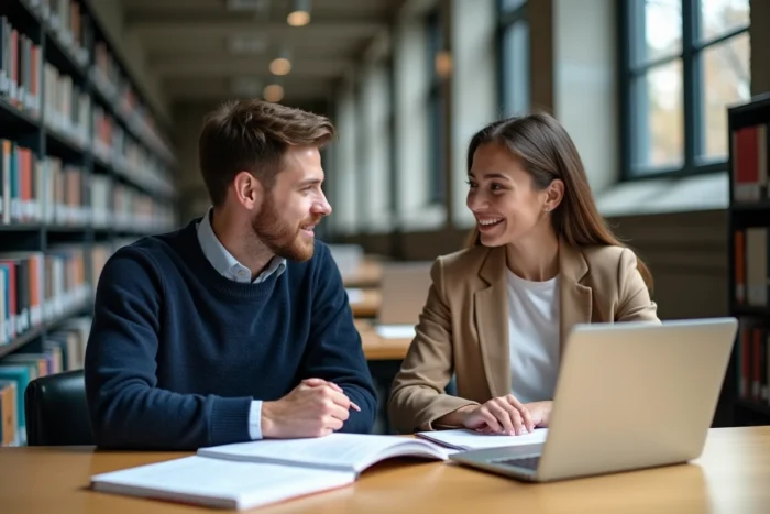 Étudiants en droit collaborant sur des notions d'appréciation in abstracto et in concreto dans une bibliothèque universitaire moderne