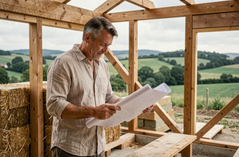 Architecte examinant des plans sur un chantier de construction écologique en bois et paille en France rurale