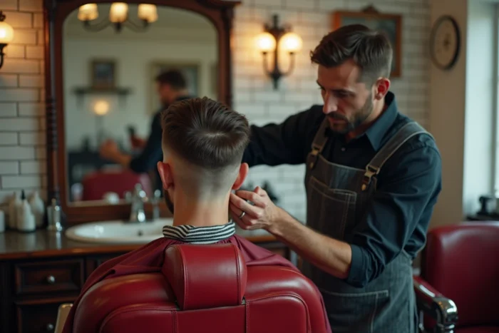 Coiffeur réalisant une coupe mafia italienne sur un client dans un salon de coiffure vintage traditionnel
