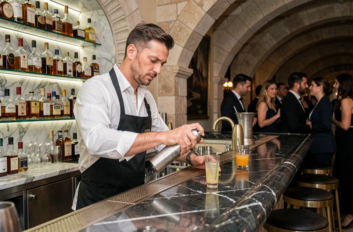 Barman préparant un cocktail derrière le bar en marbre d'une boîte de nuit haut de gamme à Aix-en-Provence
