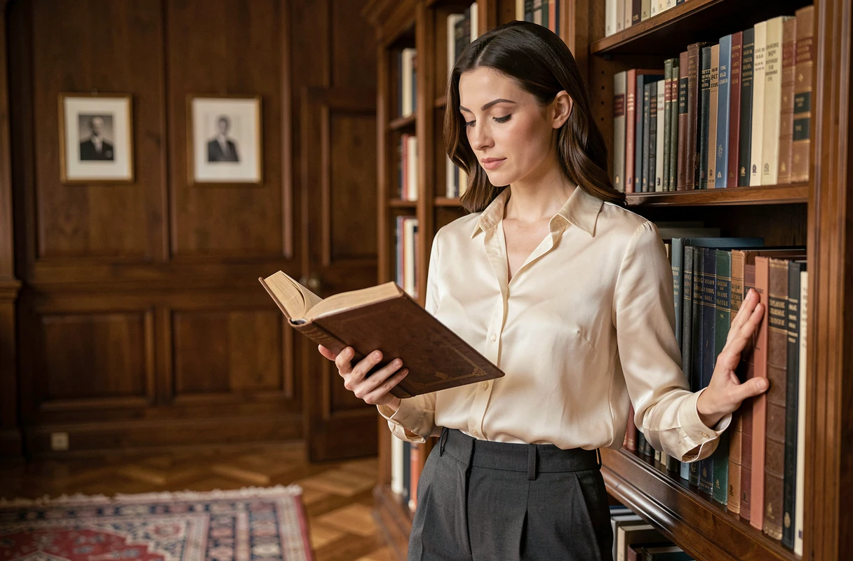Femme sophistiquée feuilletant un livre dans une bibliothèque privée en bois sombre, portrait intimiste illustrant la culture et l'inspiration associées à Béatrice Vonderweidt