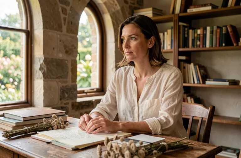 Portrait d'une femme élégante et pensive assise dans un atelier artistique avec carnets et botaniques, évoquant l'univers de la muse Béatrice Vonderweidt