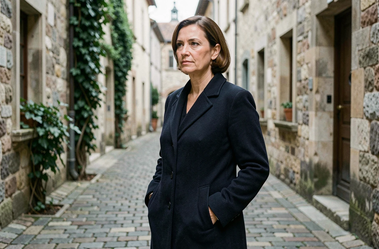 Femme au manteau bleu marine dans une ruelle pavée d'un village européen historique, portrait inspirant et discret en lien avec l'origine de Béatrice Vonderweidt