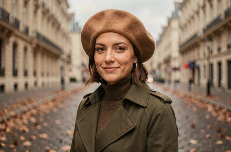 Femme portant un béret en laine camel oversize dans une rue pavée parisienne en automne, tendance chapeaux d'hiver femme