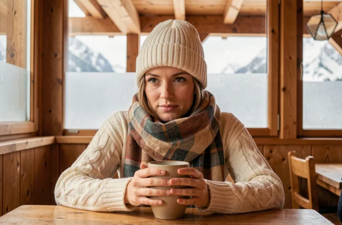 Femme en bonnet tricoté crème dans un chalet alpin cosy, style chapeau d'hiver féminin tendance montagne