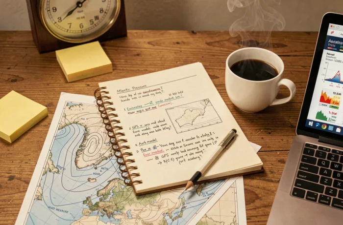 Bureau de météorologue avec cartes de prévisions imprimées, cahier de notes comparant les modèles GFS et Euro, café et ordinateur portable