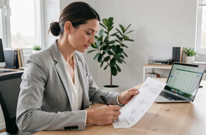 Femme professionnelle calculant ses heures de travail sur une feuille de temps à son bureau à domicile