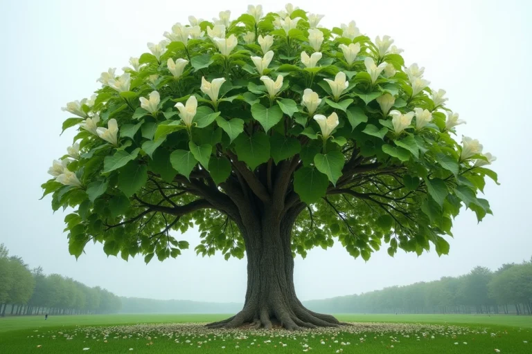 Catalpa majestueux en fleurs dans un parc, photographié en contre-plongée pour révéler son port imposant et ses grandes feuilles en cœur