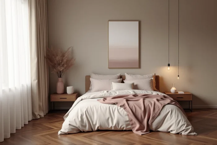 Chambre moderne tendance avec literie en lin ivoire et rose, table de chevet en noyer et œuvre d'art murale abstraite