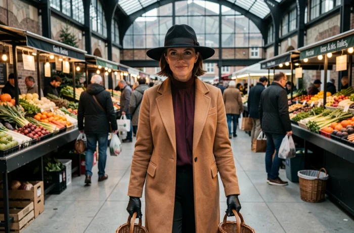 Femme élégante portant un fedora en feutre noir à large bord dans un marché couvert, tendance chapeau hiver femme style urbain