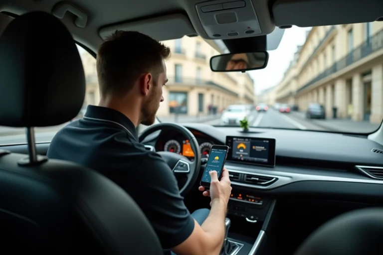 Chauffeur de taxi parisien consultant une application de réservation sur son smartphone dans sa voiture