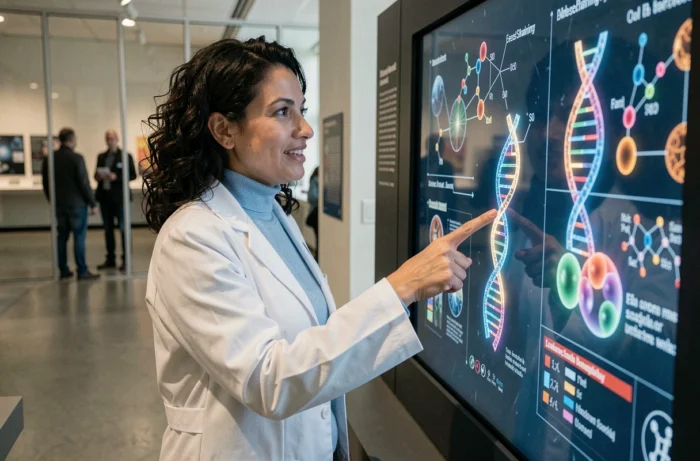 Chercheuse expliquant des avancées scientifiques sur un écran interactif dans un musée des sciences moderne