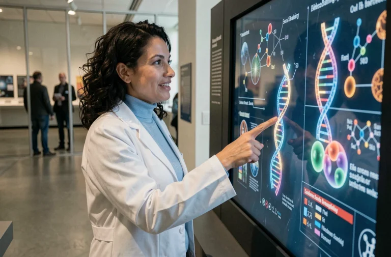 Chercheuse expliquant des avancées scientifiques sur un écran interactif dans un musée des sciences moderne