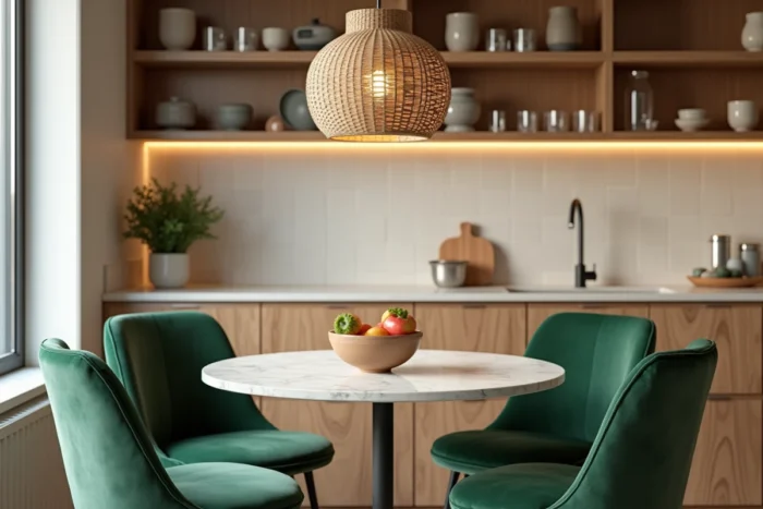 Coin repas tendance avec table en marbre, chaises velours vert sauge et étagères décorées de poteries artisanales dans une cuisine moderne