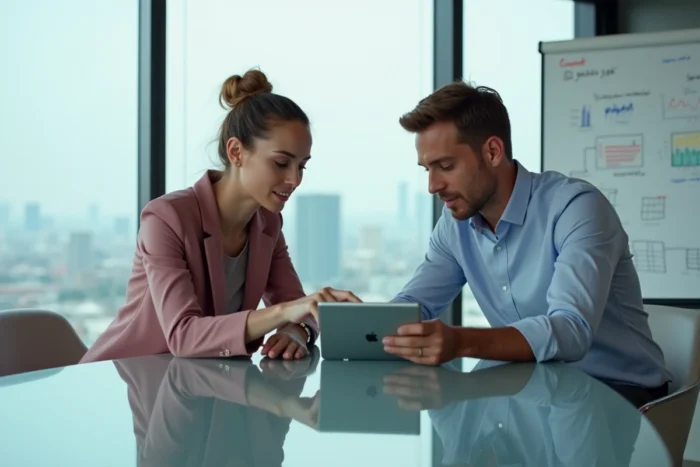Deux professionnels collaborant sur des ressources en ligne pour entrepreneurs lors d'une réunion en salle de conférence