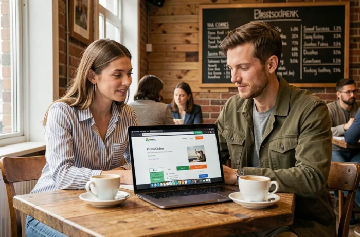 Deux collègues consultant des astuces de codes promo ensemble dans un café moderne avec un ordinateur portable