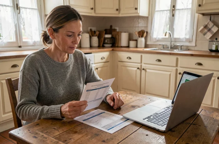 Femme consultant une facture de fioul domestique et comparant les tarifs sur un ordinateur dans une cuisine française