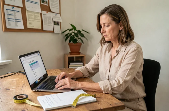 Femme comparant les tarifs de location de box sur un ordinateur portable avec un carnet de budget sur son bureau