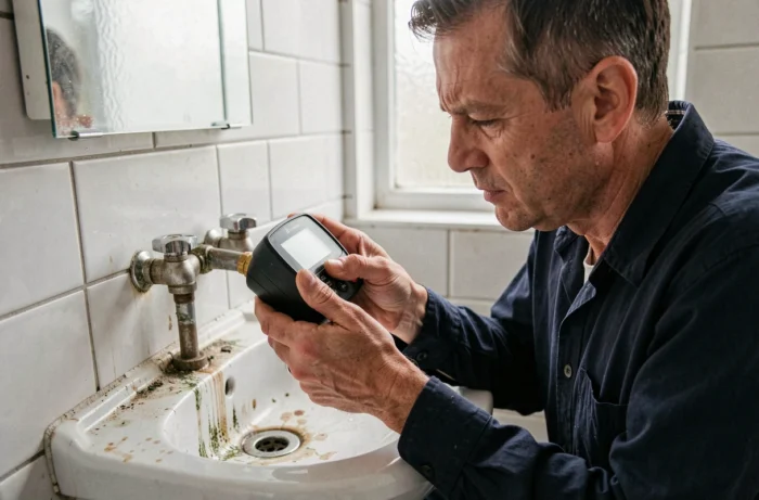 Homme vérifiant un compteur d'eau numérique sous un lavabo de salle de bain