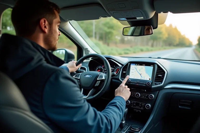 Conducteur Ford utilisant le système de navigation connectée sur l'écran tactile du tableau de bord
