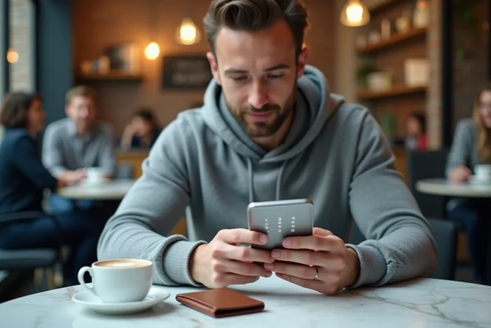 Homme consultant son compte bancaire BNP en ligne sur smartphone dans un café avec authentification à deux facteurs