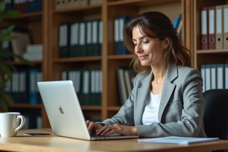 Femme connectée à la messagerie académique de Strasbourg sur un ordinateur portable dans un bureau à domicile
