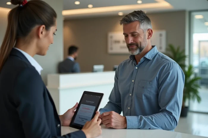 Client et conseiller bancaire examinant une erreur technique sur une tablette dans une agence Caisse d'Épargne