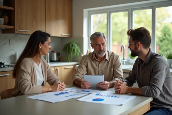 Conseiller en crédit immobilier rencontrant un couple à domicile pour optimiser leur demande de prêt
