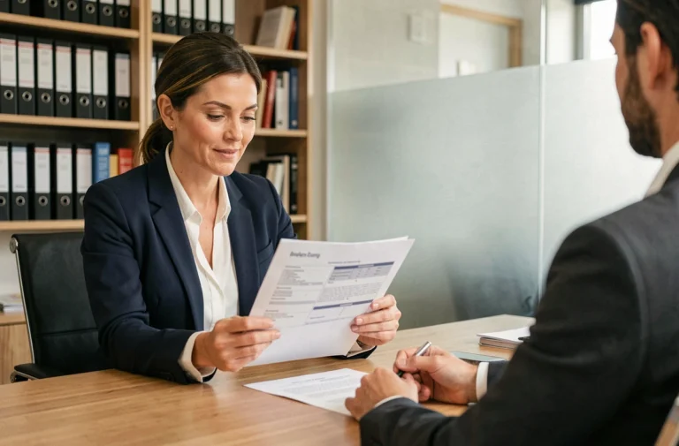 Conseillère en assurance présentant un contrat à un client dans un bureau professionnel