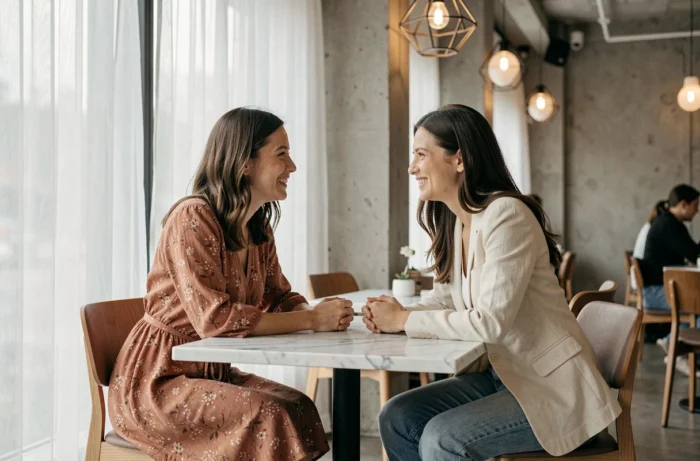 Deux femmes élégamment habillées discutant dans un café minimaliste au décor moderne et chic