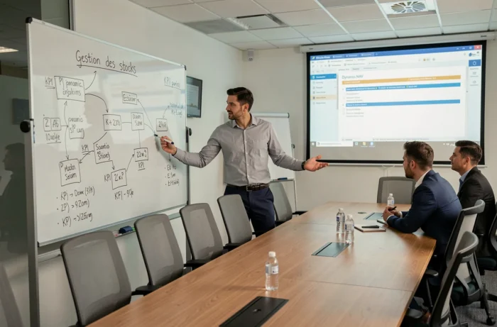 Consultant en gestion d'entreprise présentant des indicateurs de performance liés à un logiciel ERP en salle de réunion