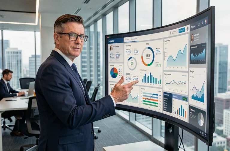 Consultant en cabinet de conseil analysant des tableaux de bord digitaux sur grand écran dans un bureau moderne