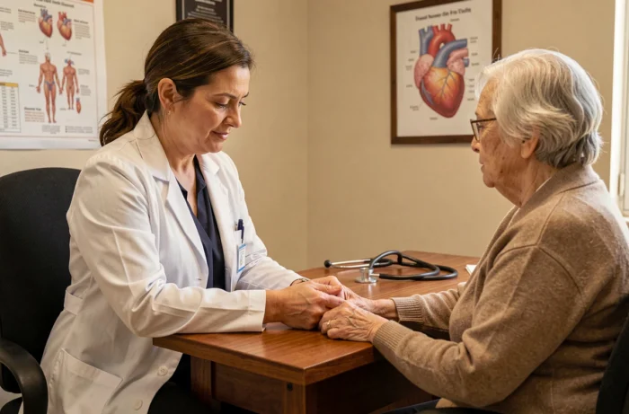 Médecin cardiologue examinant une patiente âgée lors d'une consultation pour insuffisance cardiaque