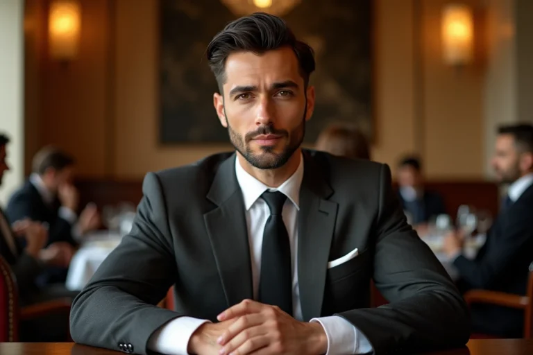 Homme aux cheveux style mafia italienne slicked back dans un restaurant chic avec costume sur mesure