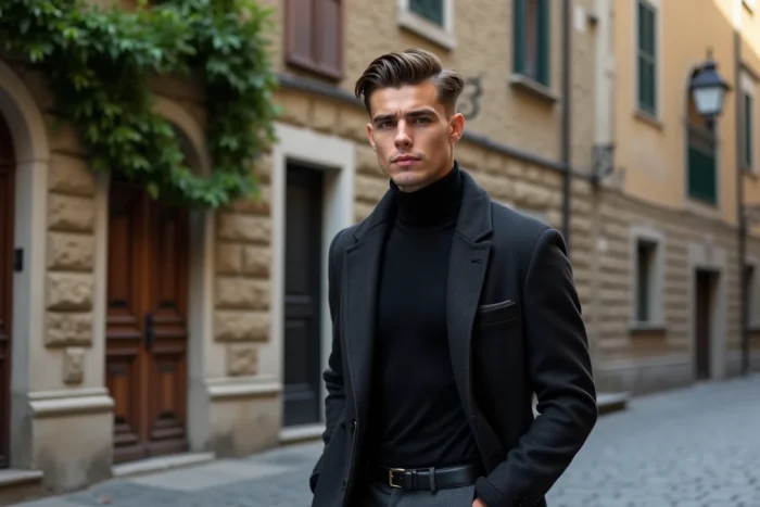 Homme élégant avec coupe mafia italienne dans une rue pavée européenne en manteau de laine