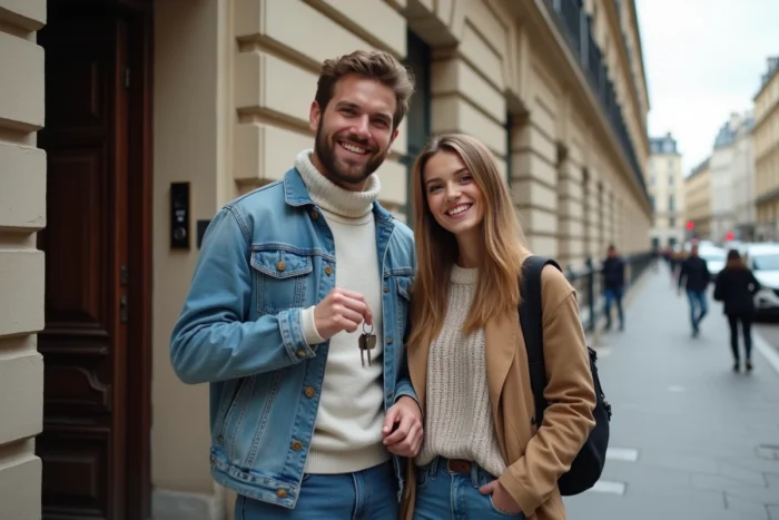 Jeune couple tenant les clés de leur nouveau logement locatif devant un immeuble parisien