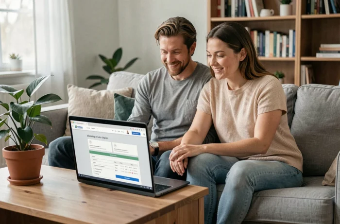 Couple comparant des offres d'assurance sur un ordinateur portable dans leur salon