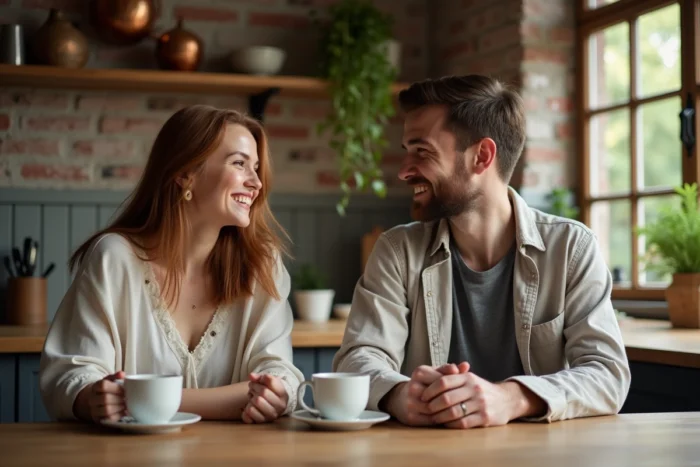 Couple dans leur cuisine rustique partageant un café du matin dans une ambiance chaleureuse et authentique