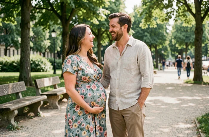 Couple heureux attendant un bébé dans un parc urbain, la femme enceinte en robe fleurie rit avec son partenaire en chemise en lin