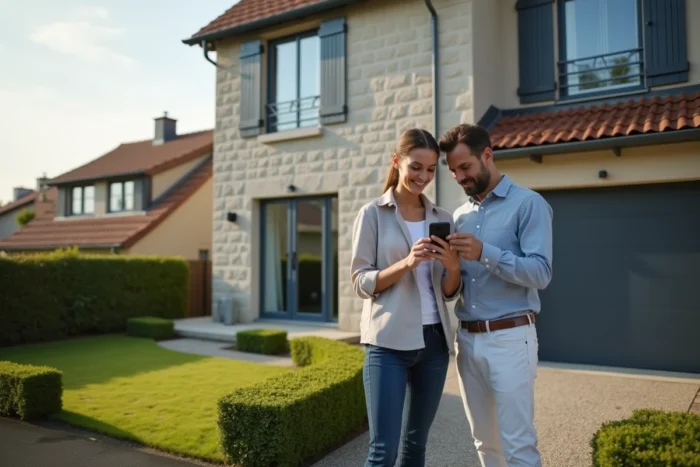 Couple devant une maison à vendre consultant une annonce immobilière sur smartphone